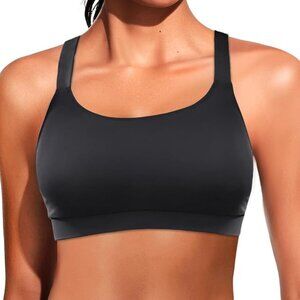 Women Sports Bra Swim Top - Black Scoop Neck Size XL